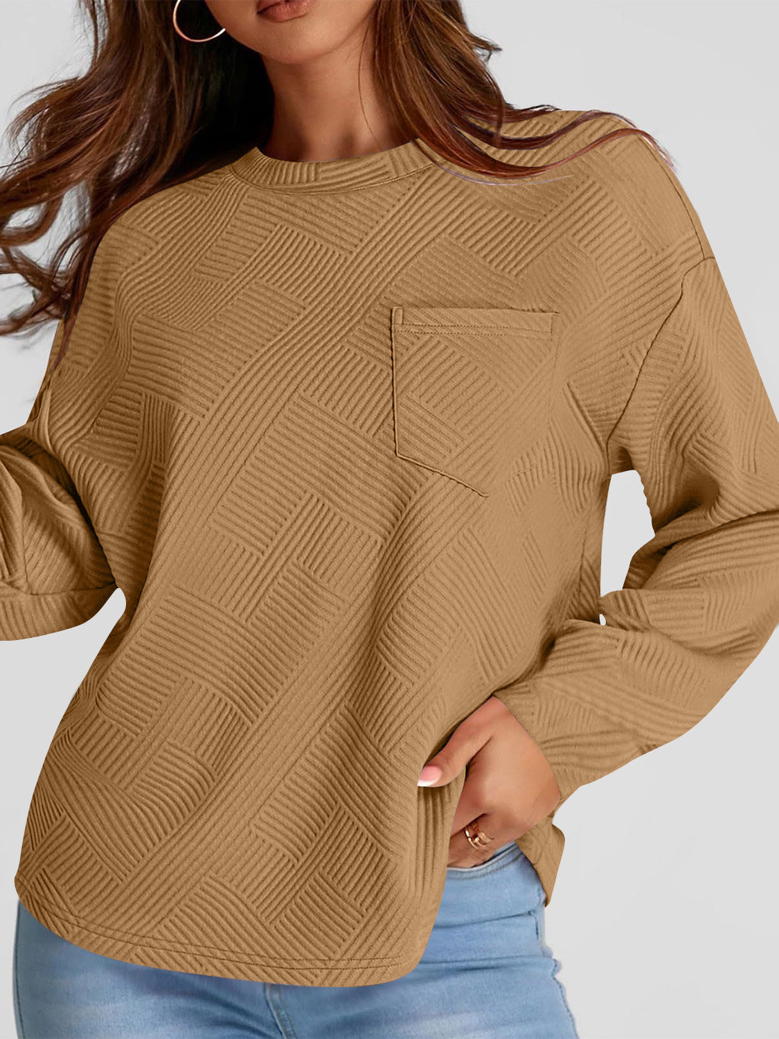 Full Size Texture Round Neck Long Sleeve Sweatshirt - Aurelia Clothing