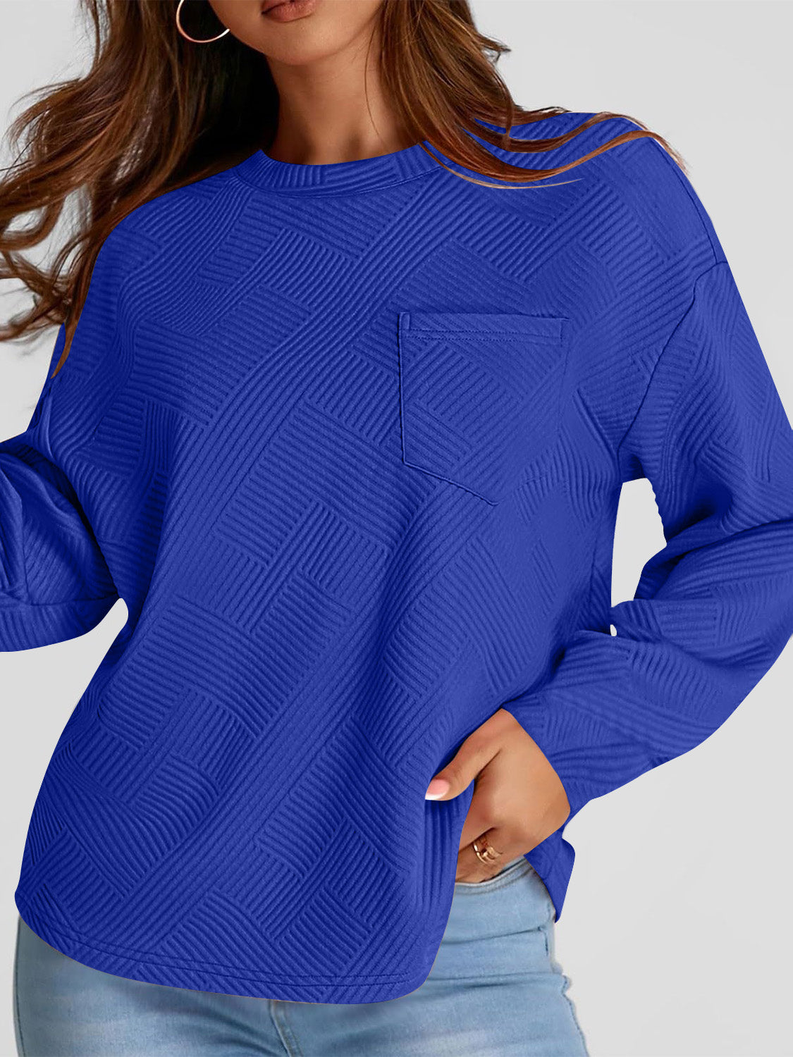 Full Size Texture Round Neck Long Sleeve Sweatshirt - Aurelia Clothing