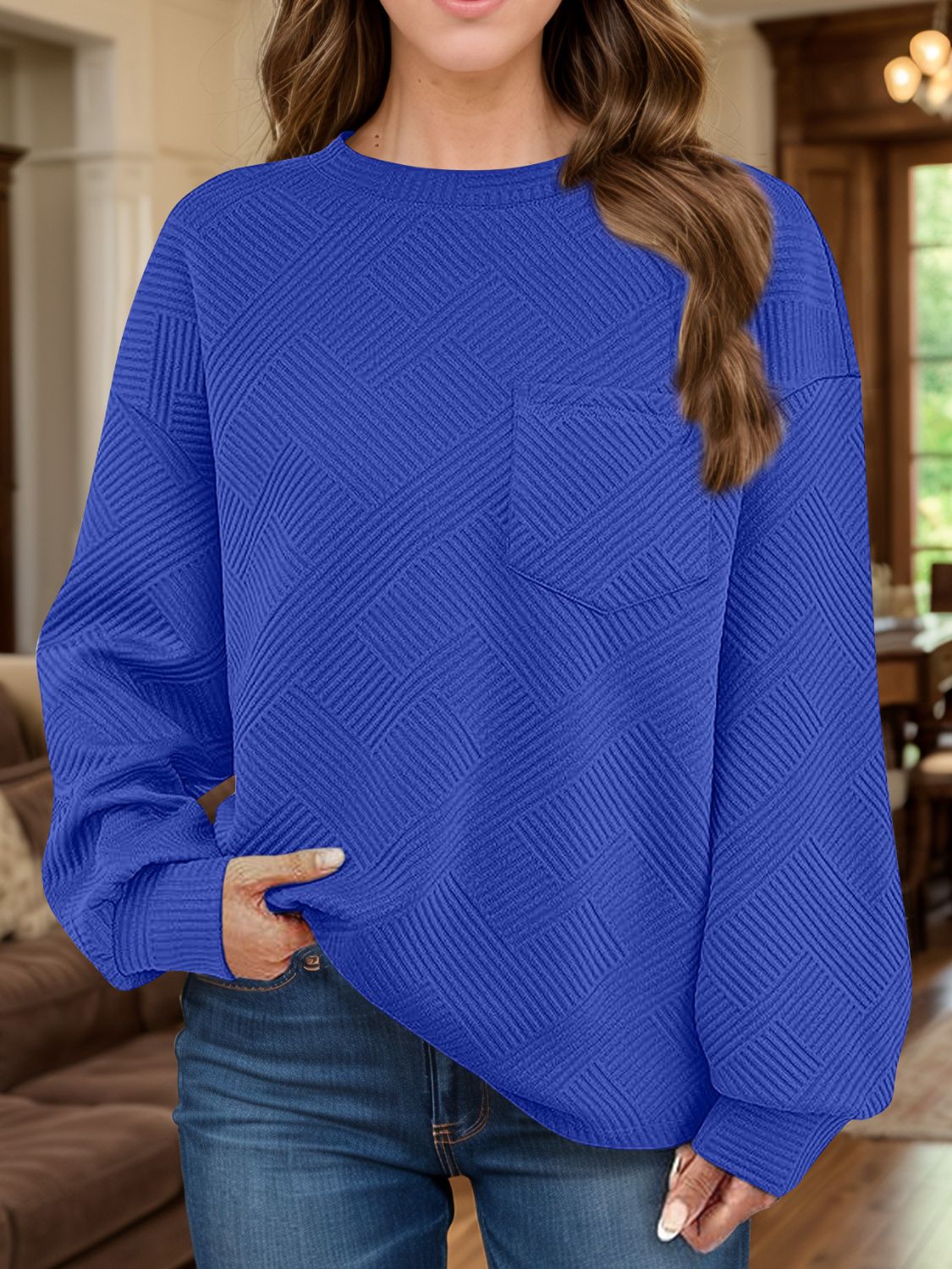 Full Size Texture Round Neck Long Sleeve Sweatshirt - Aurelia Clothing