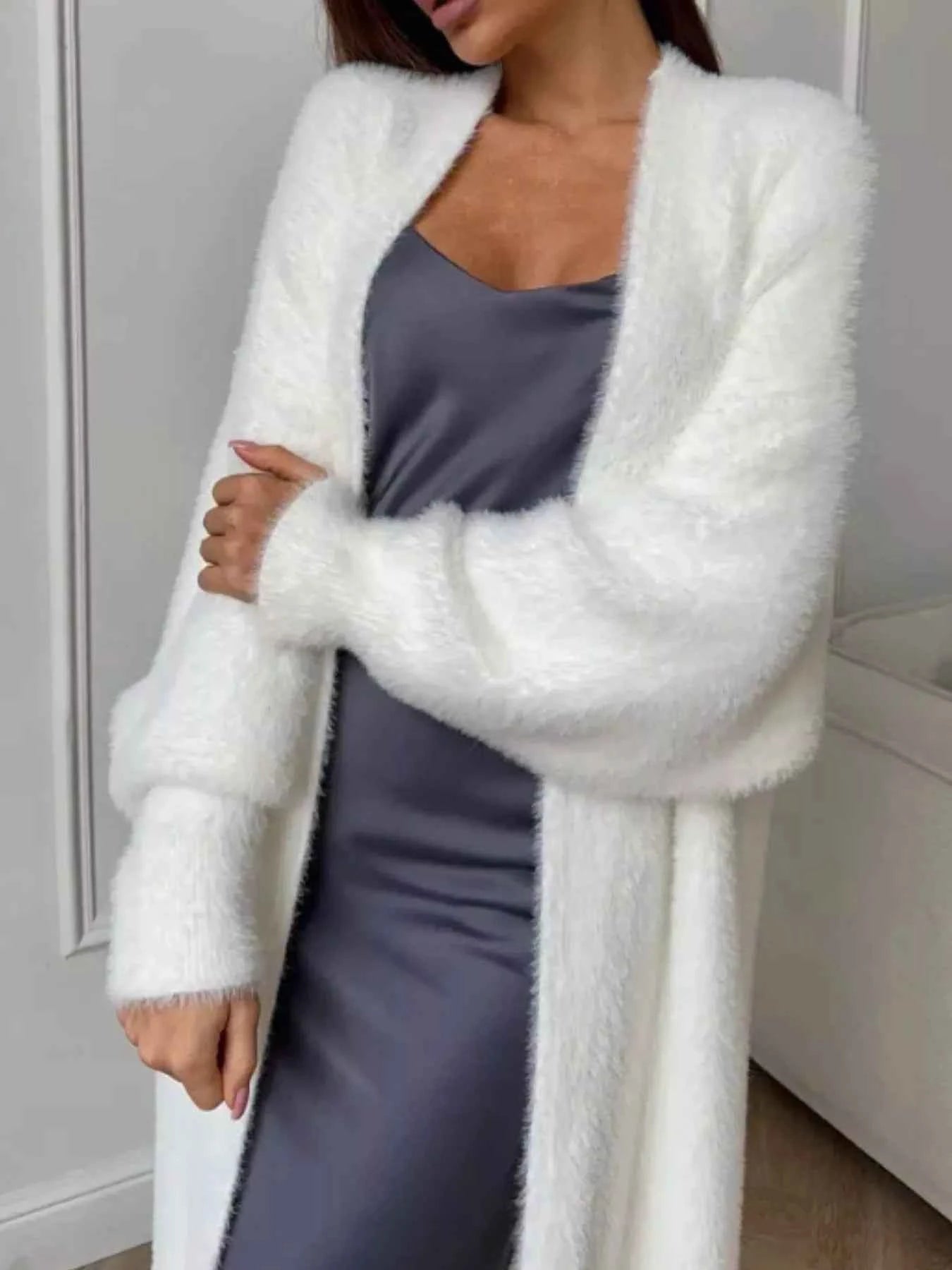 Fuzzy Open Front Longline Cardigan-Free Shipping - Aurelia Clothing