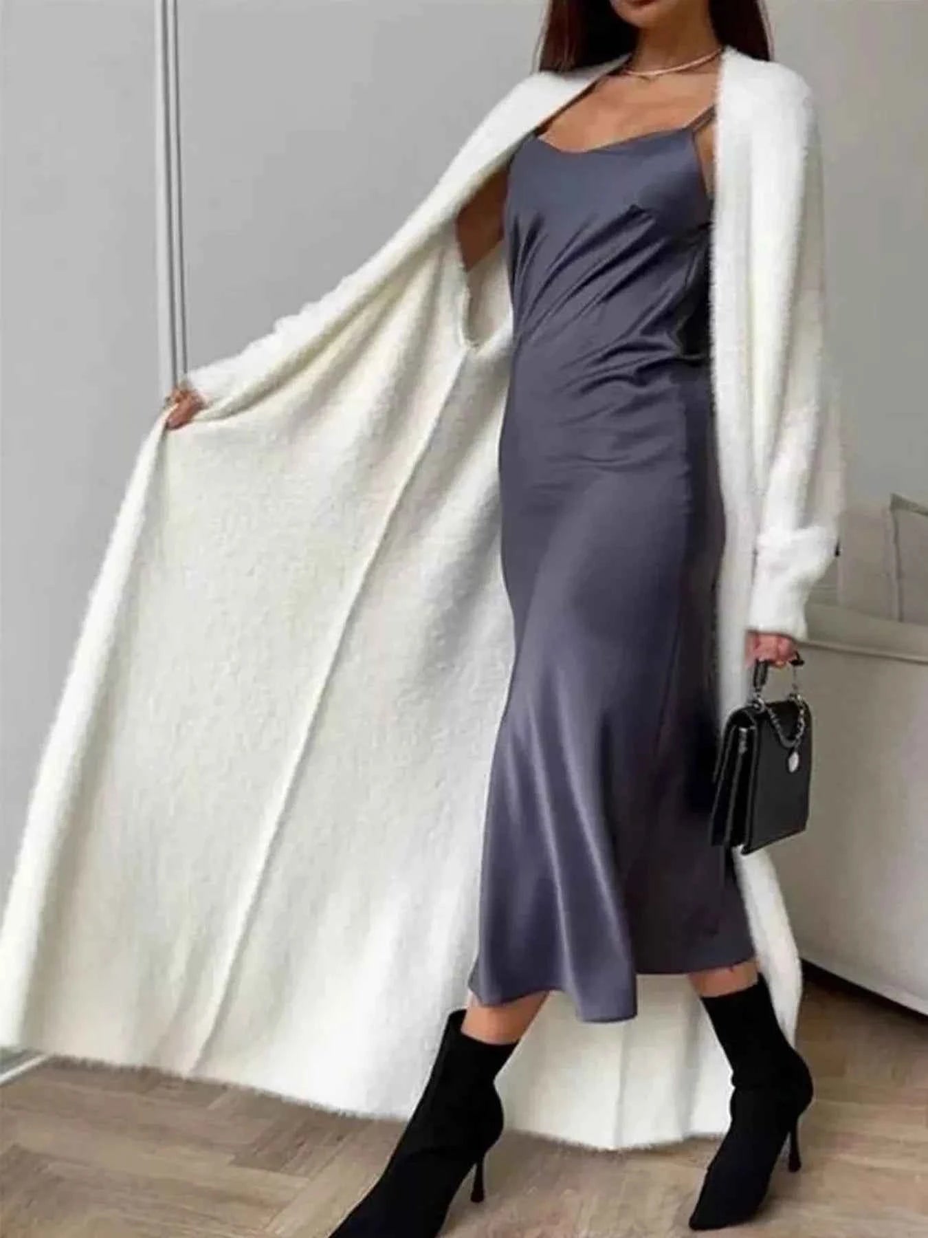 Fuzzy Open Front Longline Cardigan-Free Shipping - Aurelia Clothing