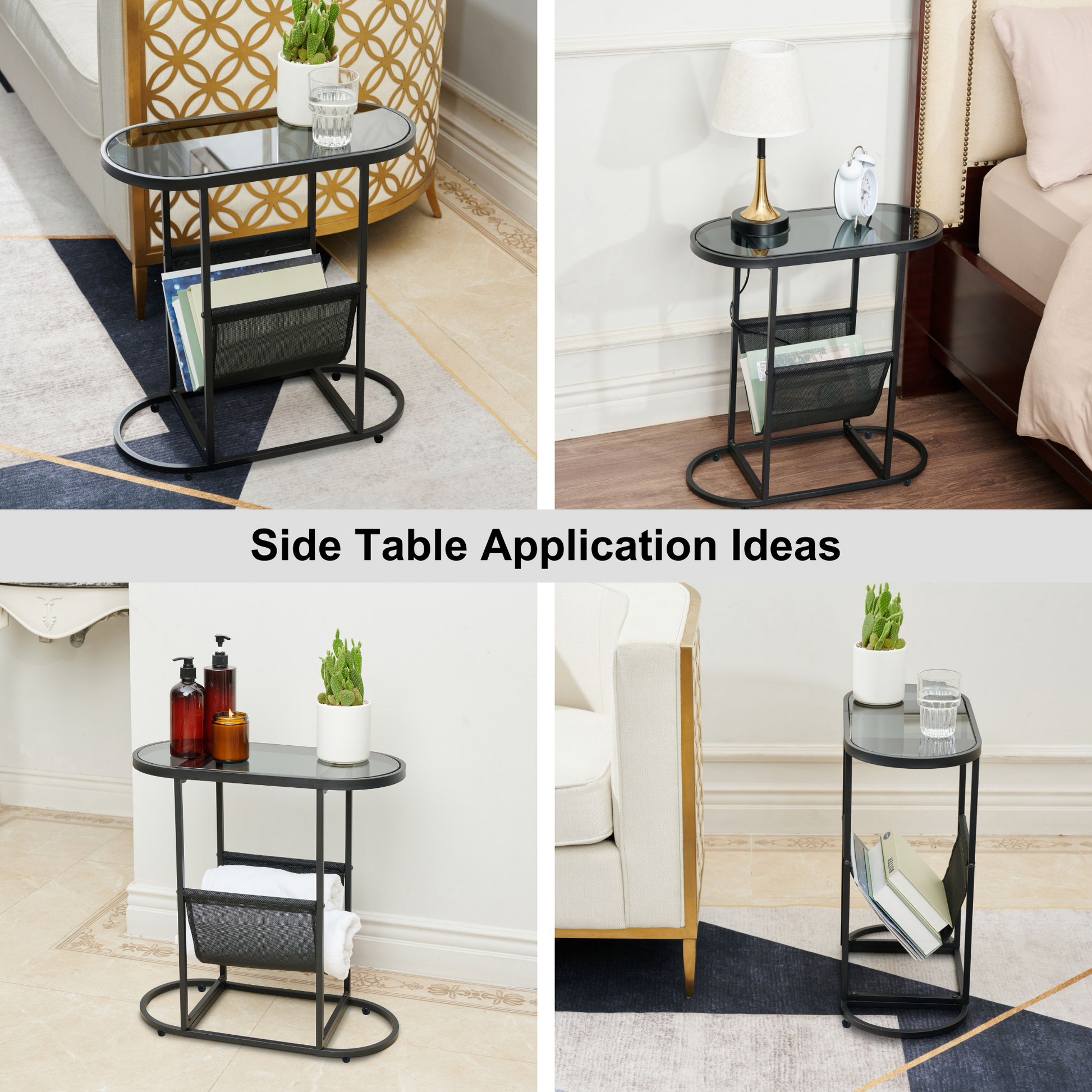 Glass Oval Small Side Tables Living Room Small Space With Magazines Organizer Storage Space - Free Shipping - Aurelia Clothing