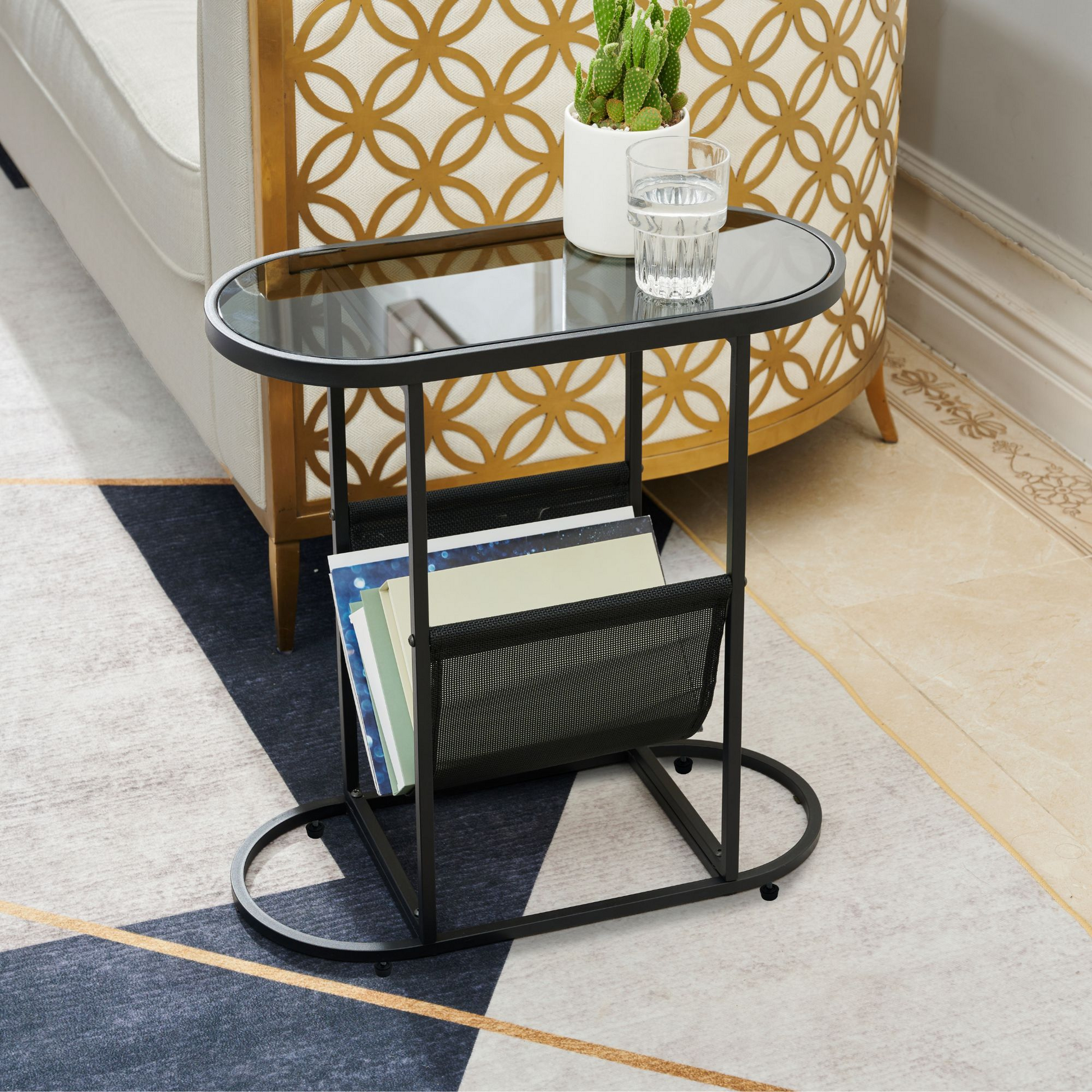 Glass Oval Small Side Tables Living Room Small Space With Magazines Organizer Storage Space - Free Shipping - Aurelia Clothing