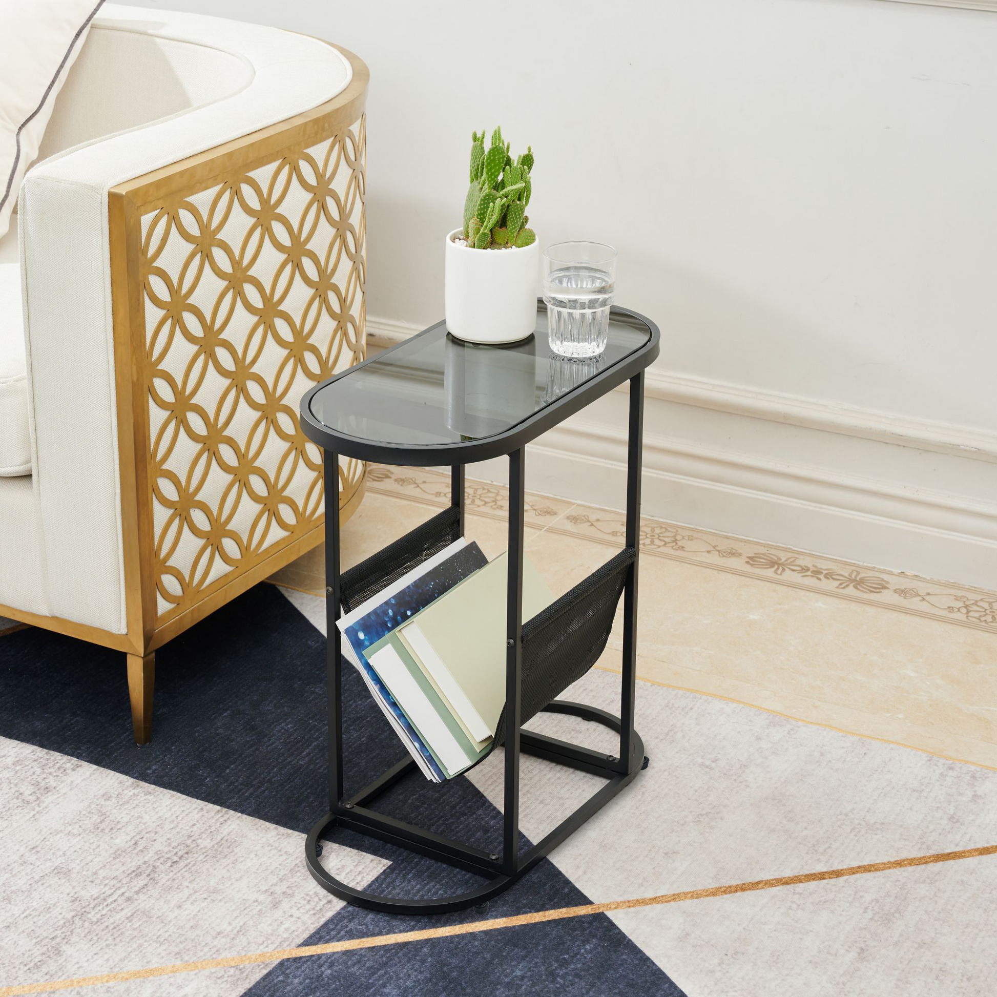 Glass Oval Small Side Tables Living Room Small Space With Magazines Organizer Storage Space - Free Shipping - Aurelia Clothing