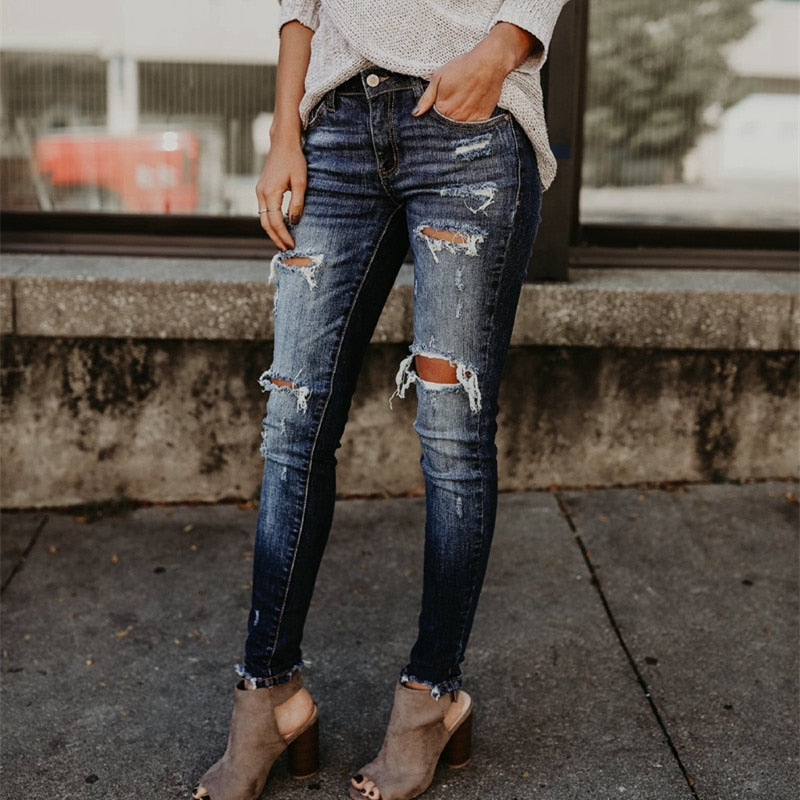 Boyfriend Hole Ripped Jeans \ Pants Cool Denim Vintage skinny push up womens jeans High Waist Casual ladies jeans Slim mom jeans - Aurelia Clothing