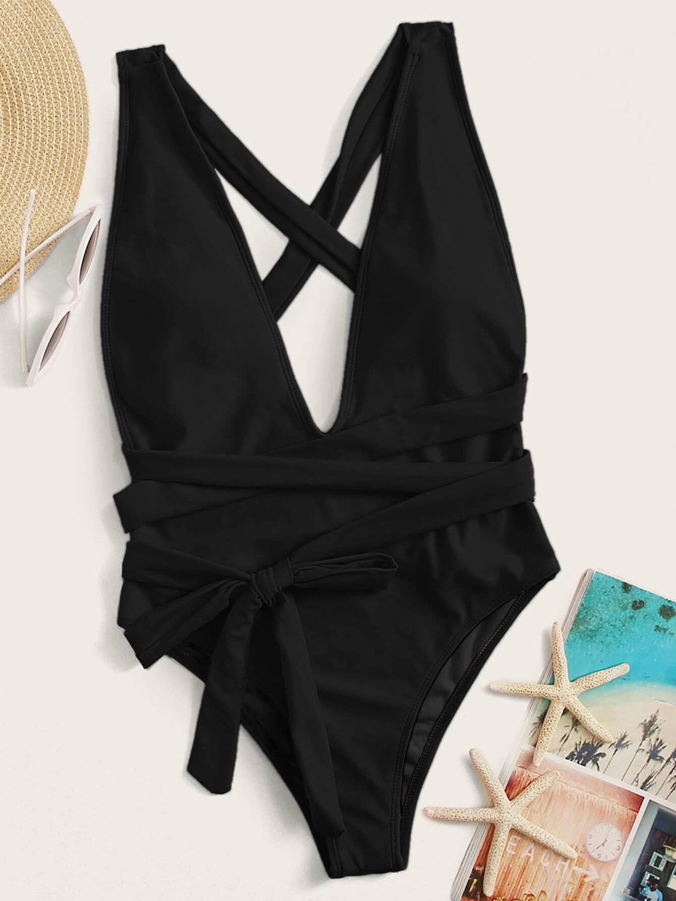 Halter Neck Deep V Tied One-Piece Swimsuit-Free Shipping - Aurelia Clothing