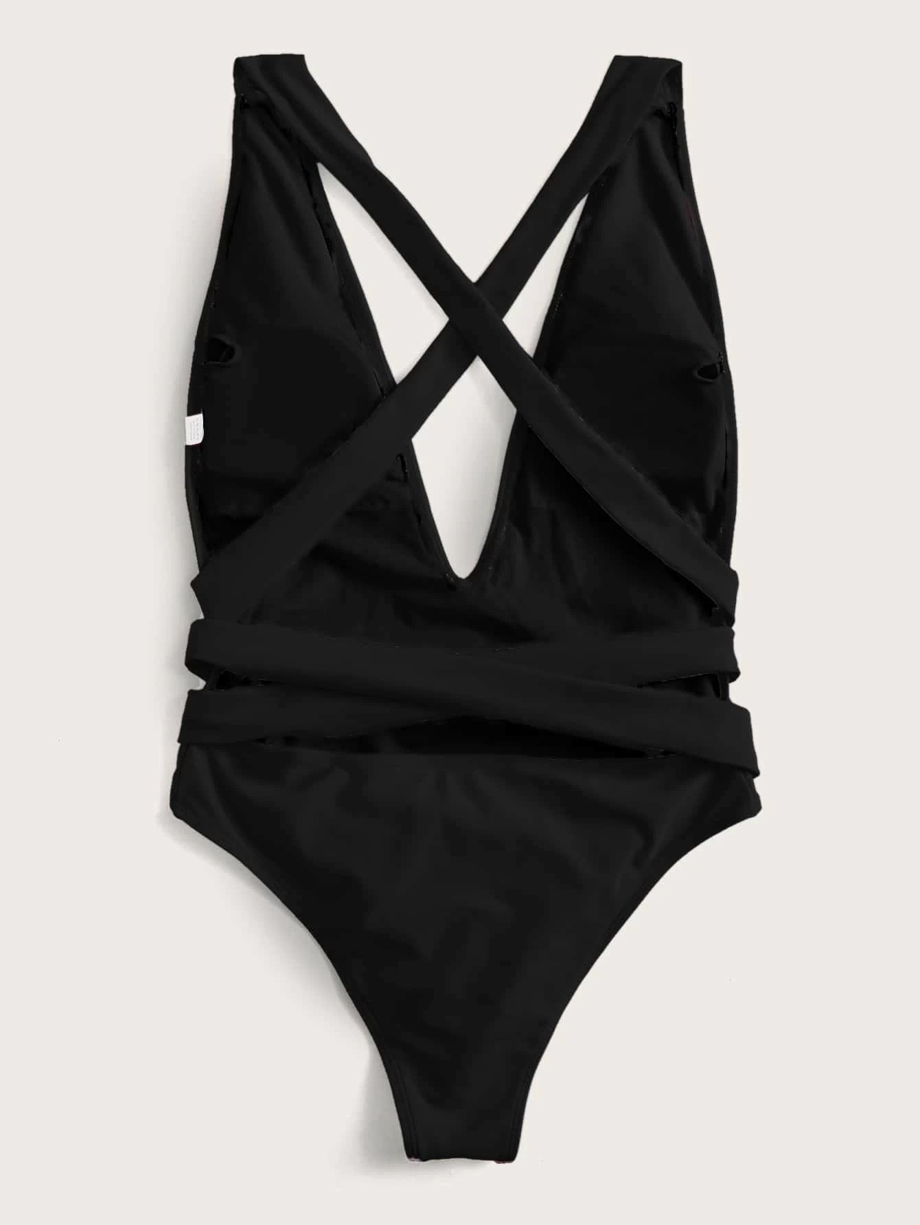 Halter Neck Deep V Tied One-Piece Swimsuit-Free Shipping - Aurelia Clothing