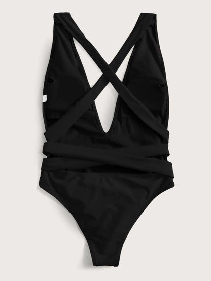 Halter Neck Deep V Tied One-Piece Swimsuit-Free Shipping - Aurelia Clothing