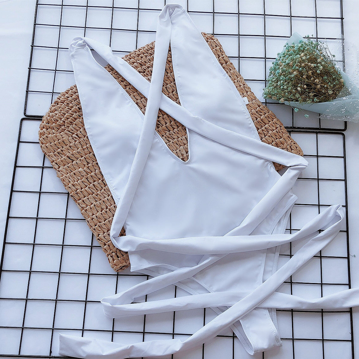 Halter Neck Deep V Tied One-Piece Swimsuit-Free Shipping - Aurelia Clothing