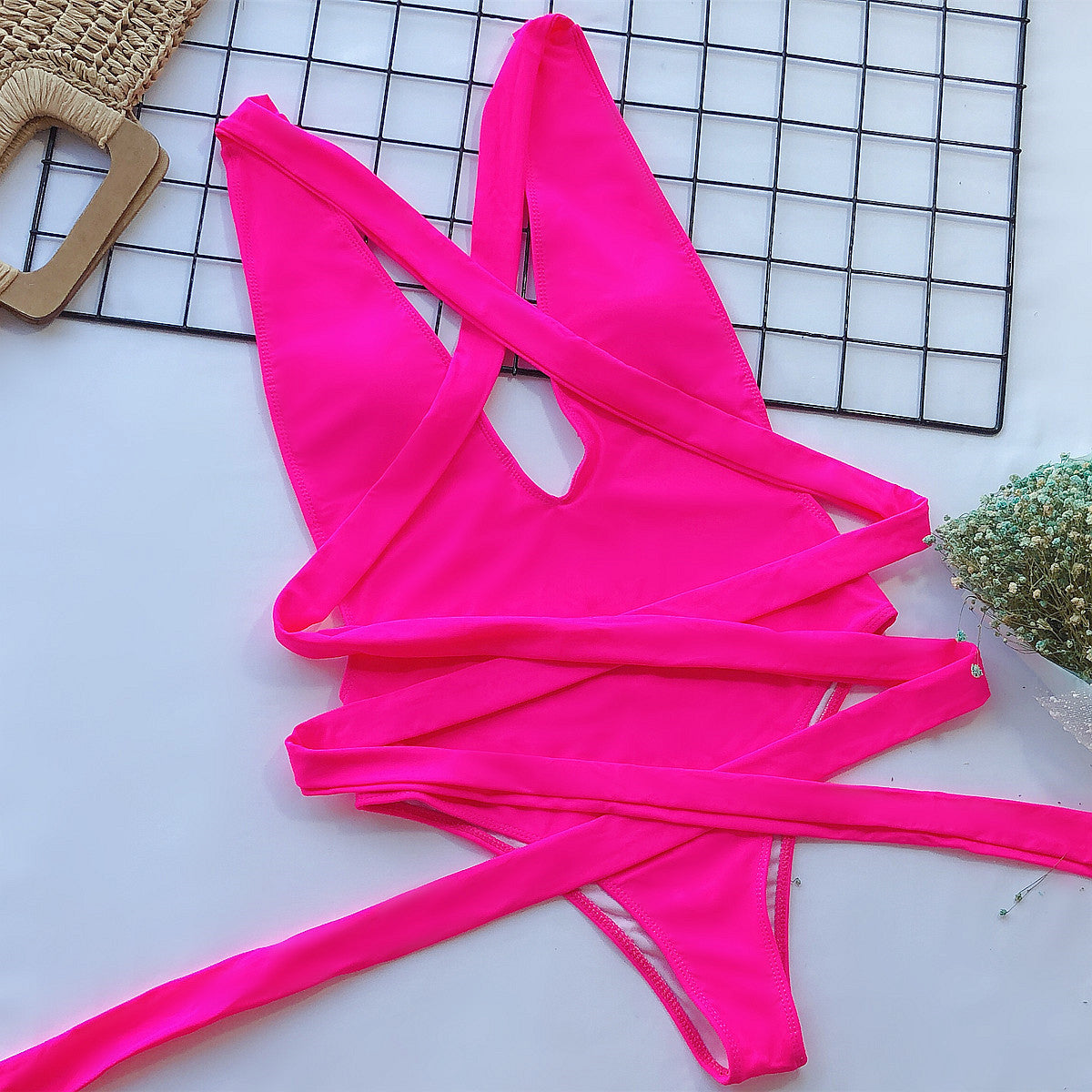 Halter Neck Deep V Tied One-Piece Swimsuit-Free Shipping - Aurelia Clothing