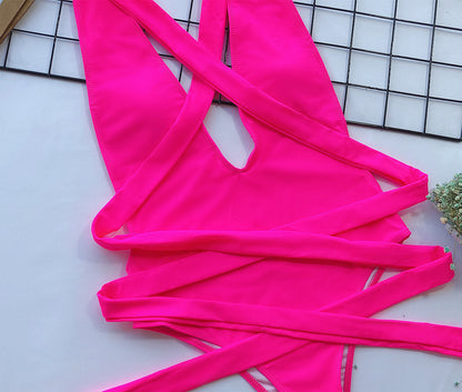 Halter Neck Deep V Tied One-Piece Swimsuit-Free Shipping - Aurelia Clothing