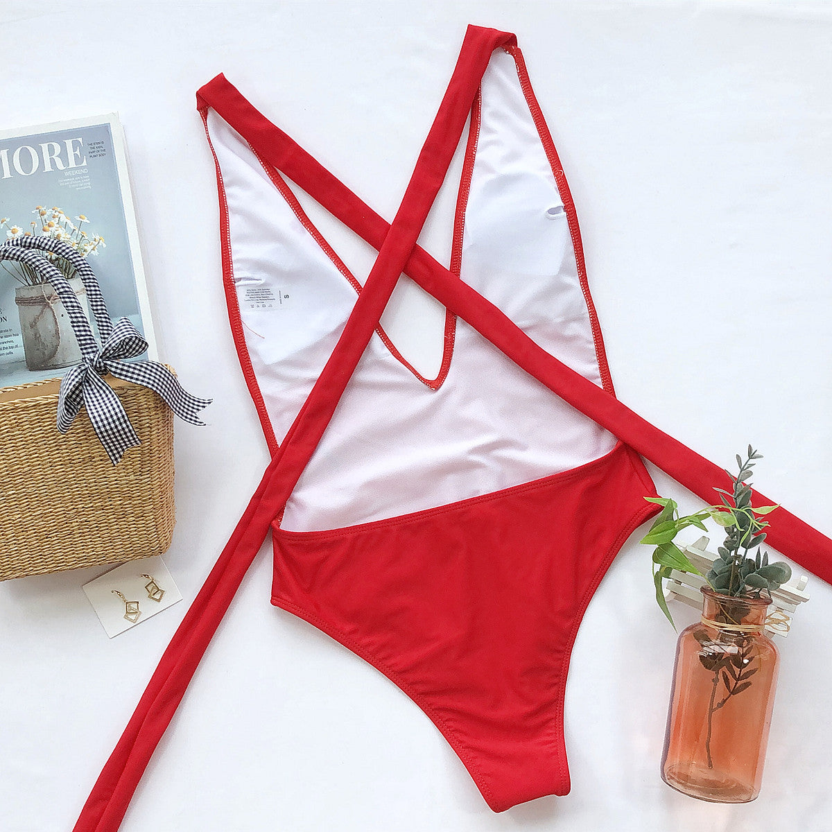 Halter Neck Deep V Tied One-Piece Swimsuit-Free Shipping - Aurelia Clothing