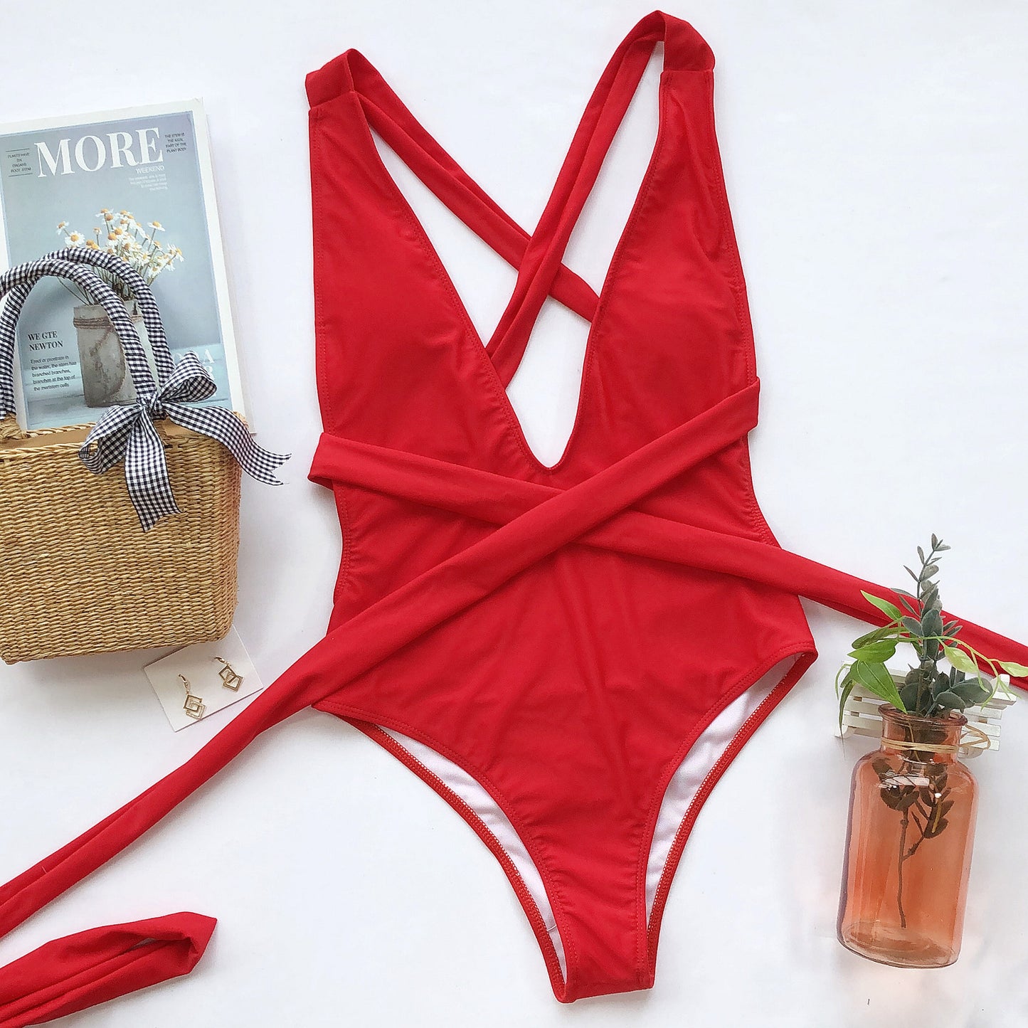 Halter Neck Deep V Tied One-Piece Swimsuit-Free Shipping - Aurelia Clothing