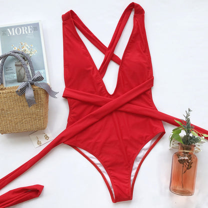 Halter Neck Deep V Tied One-Piece Swimsuit-Free Shipping - Aurelia Clothing