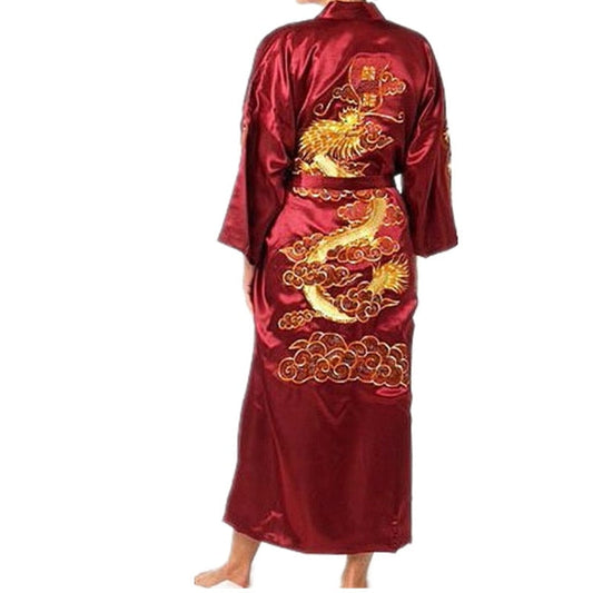 Hot Sale Burgundy Chinese Men Silk Satin Robe Novelty Traditional Embroidery Dragon Kimono Yukata Bath Gown Size M L XL XXL XXXL - Aurelia Clothing