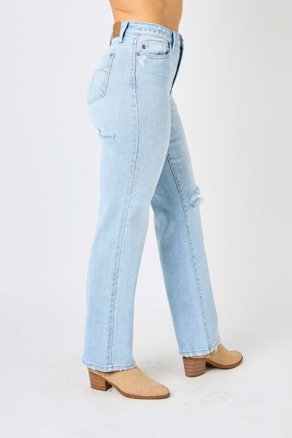Judy Blue Full Size High Waist Distressed Straight Jeans - Free Shipping - Aurelia Clothing