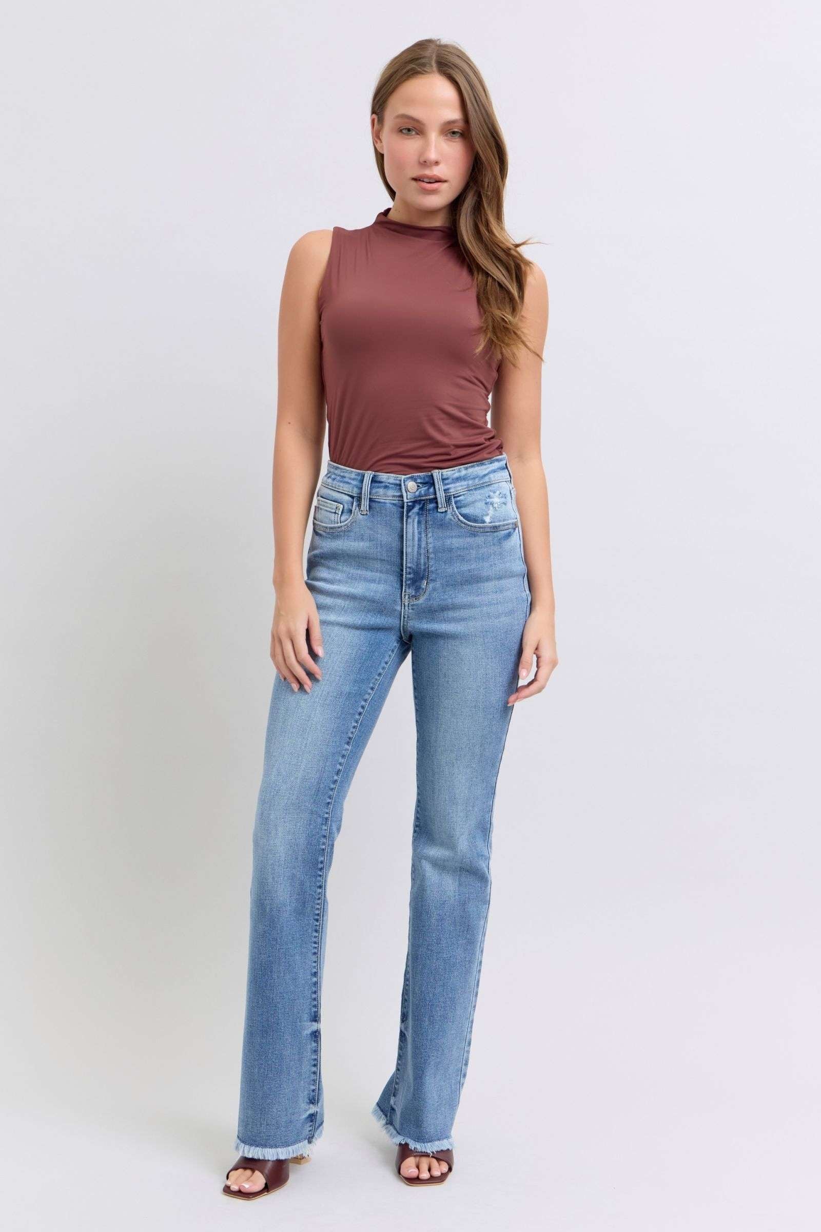 Judy Blue Full Size Raw Hem High Rise Bootcut Jeans - Free Shipping - Aurelia Clothing