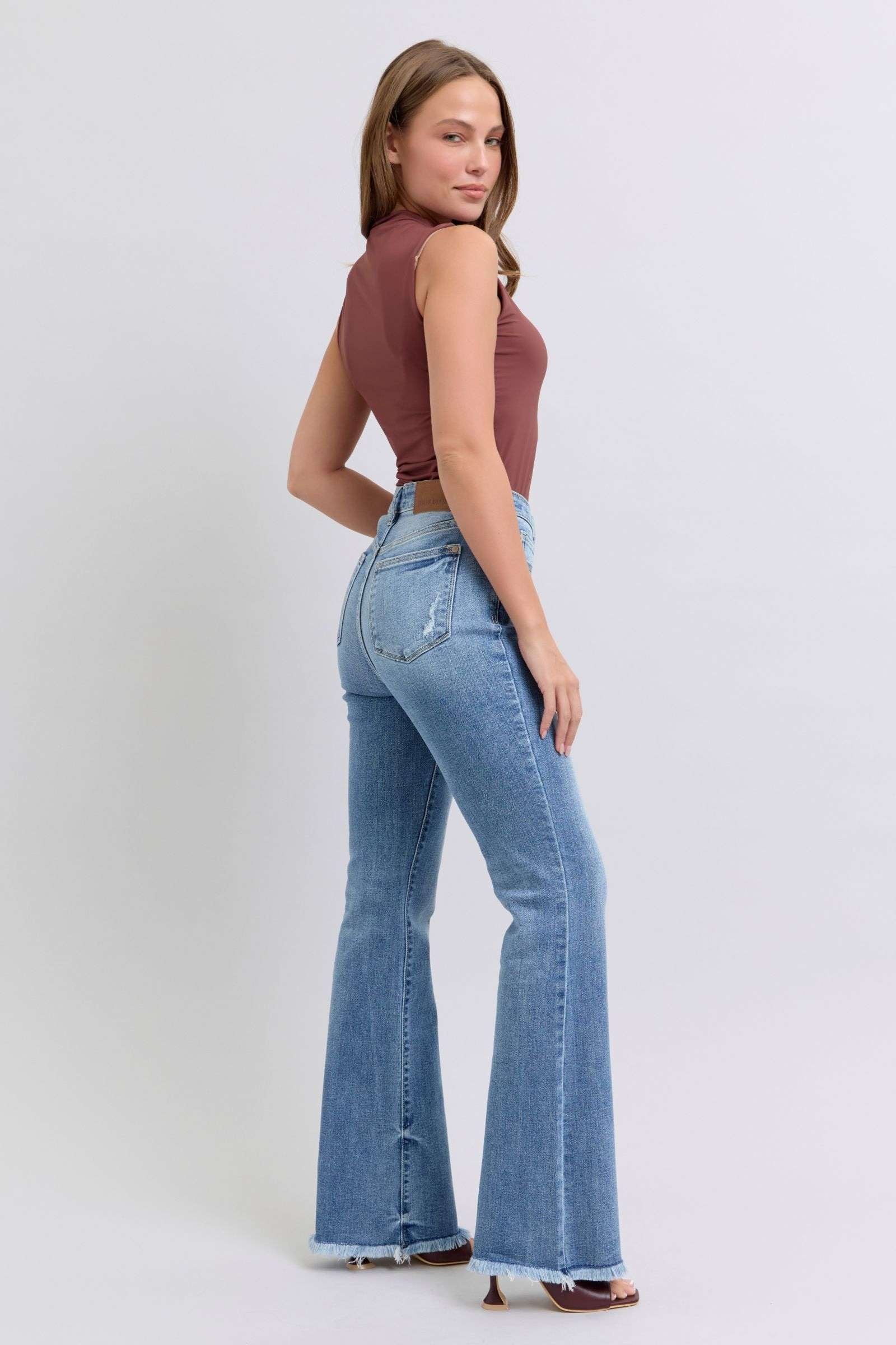 Judy Blue Full Size Raw Hem High Rise Bootcut Jeans - Free Shipping - Aurelia Clothing