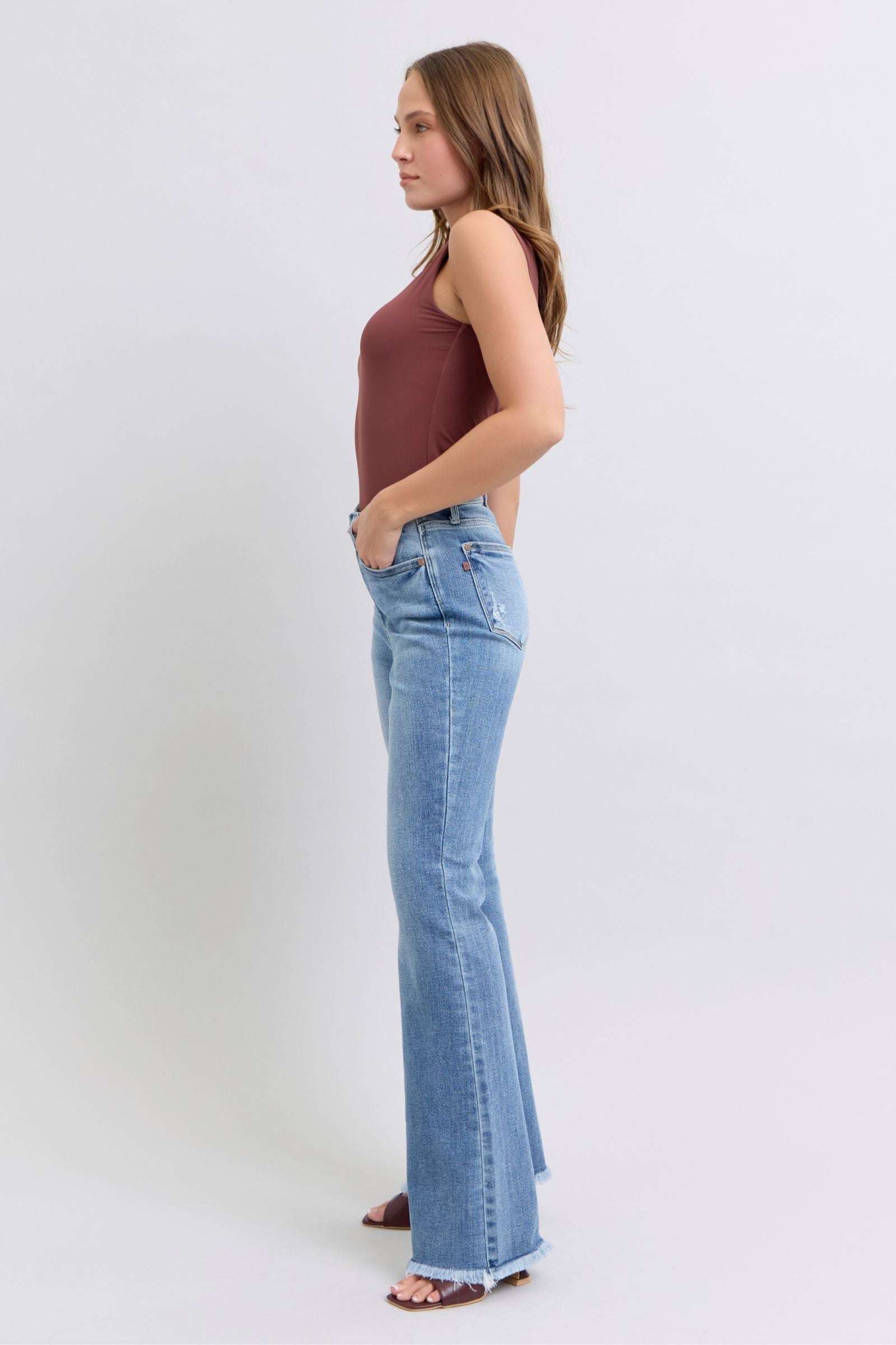 Judy Blue Full Size Raw Hem High Rise Bootcut Jeans - Free Shipping - Aurelia Clothing