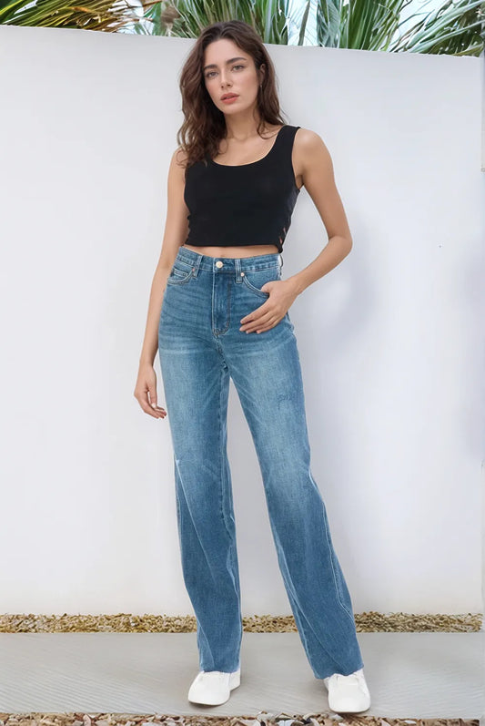Judy Blue Full Size Tummy Control Cut Raw Hem Straight Jeans - Free Shipping - Aurelia Clothing
