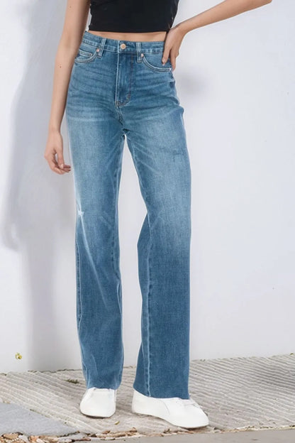 Judy Blue Full Size Tummy Control Cut Raw Hem Straight Jeans - Free Shipping - Aurelia Clothing