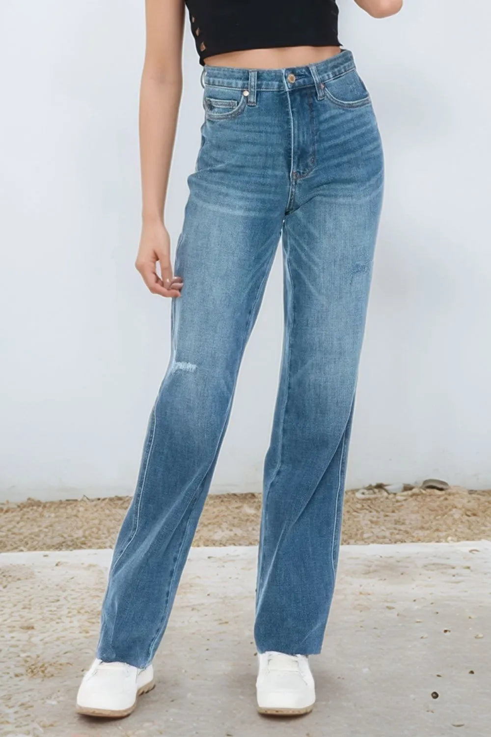Judy Blue Full Size Tummy Control Cut Raw Hem Straight Jeans - Free Shipping - Aurelia Clothing