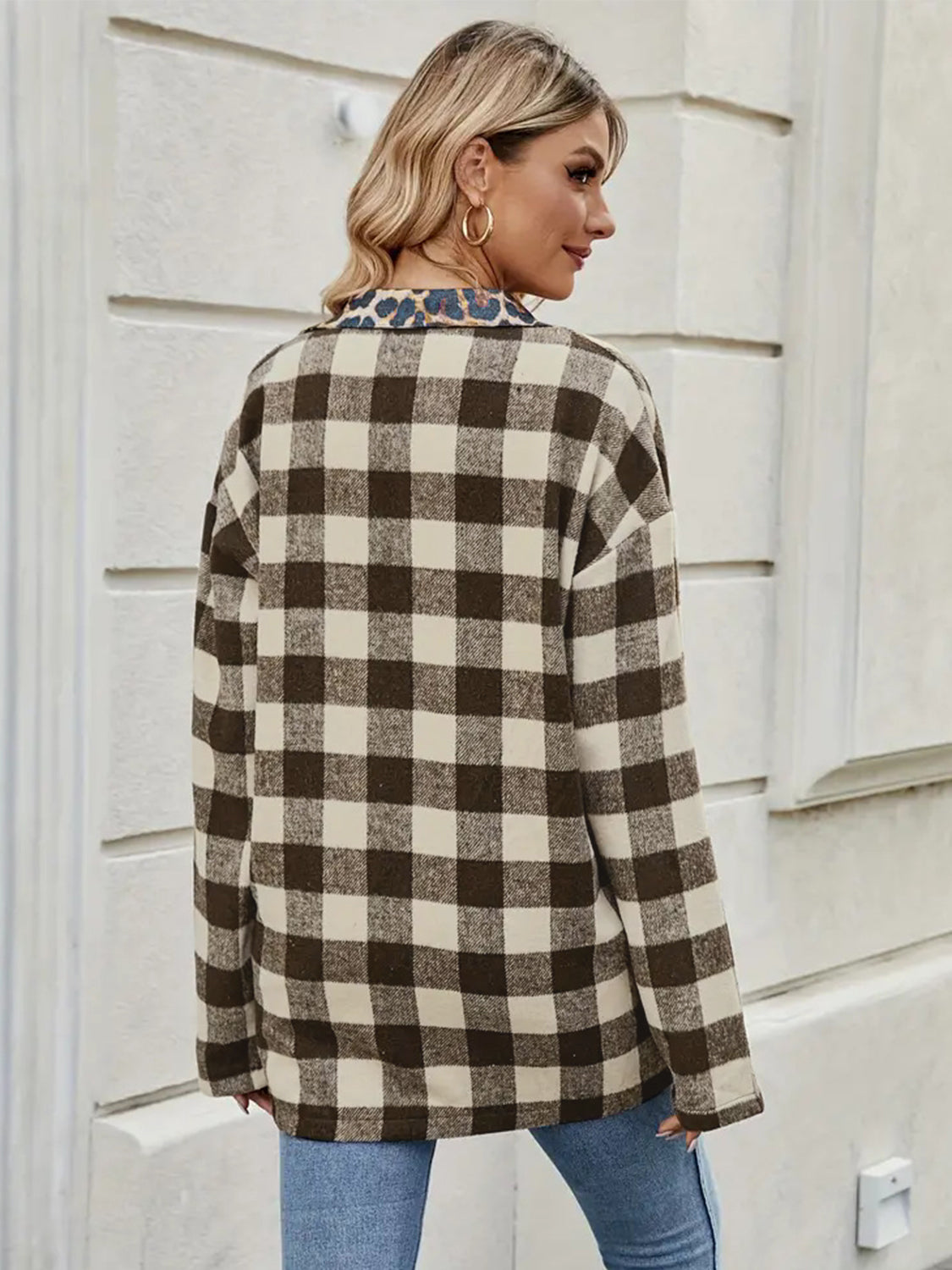 Leopard Trim Plaid Collared Neck Long Sleeve Shirt - Aurelia Clothing