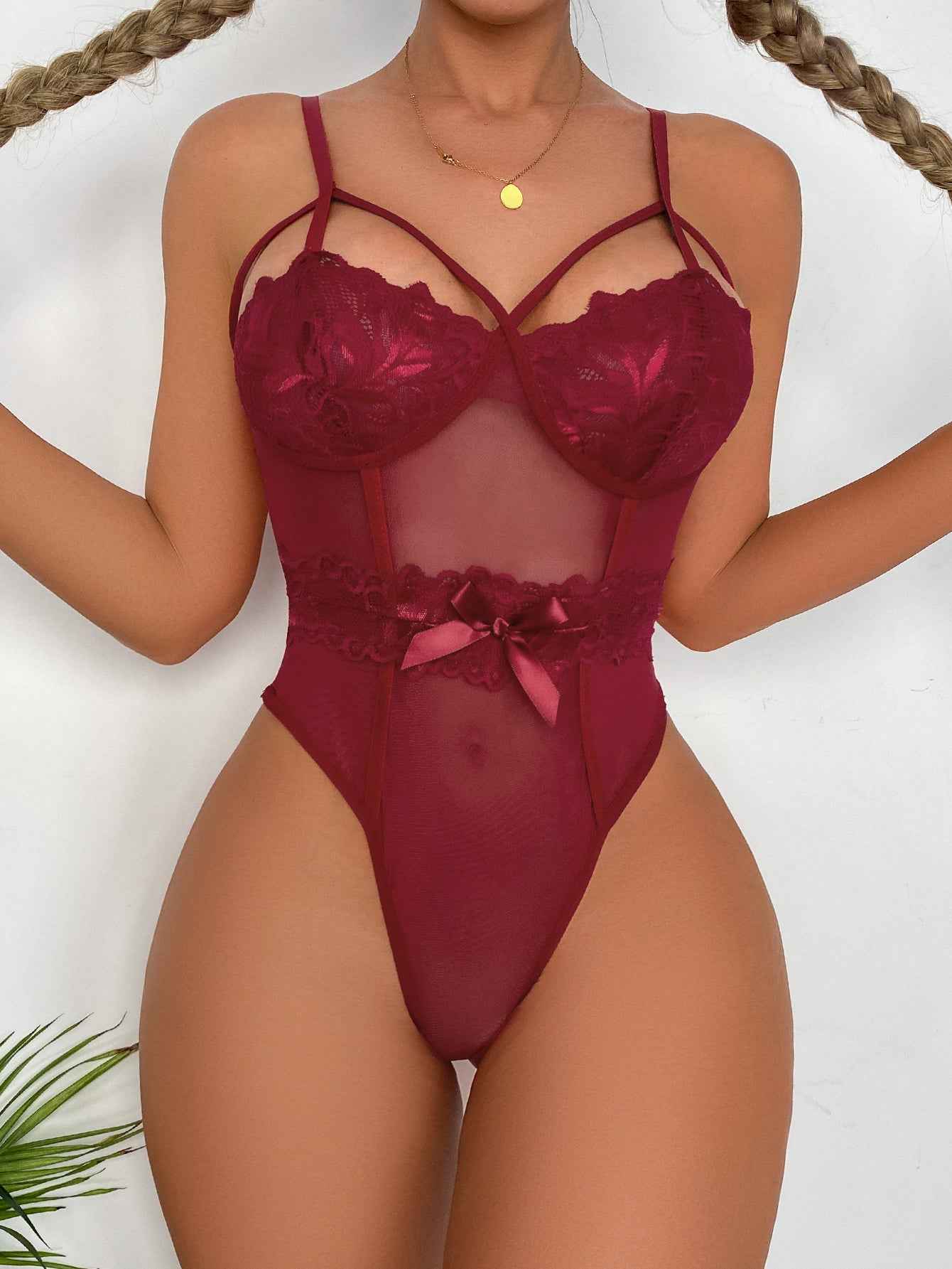 Lingerie Ribbon Sheer Cutout Romper-Free Shipping - Aurelia Clothing