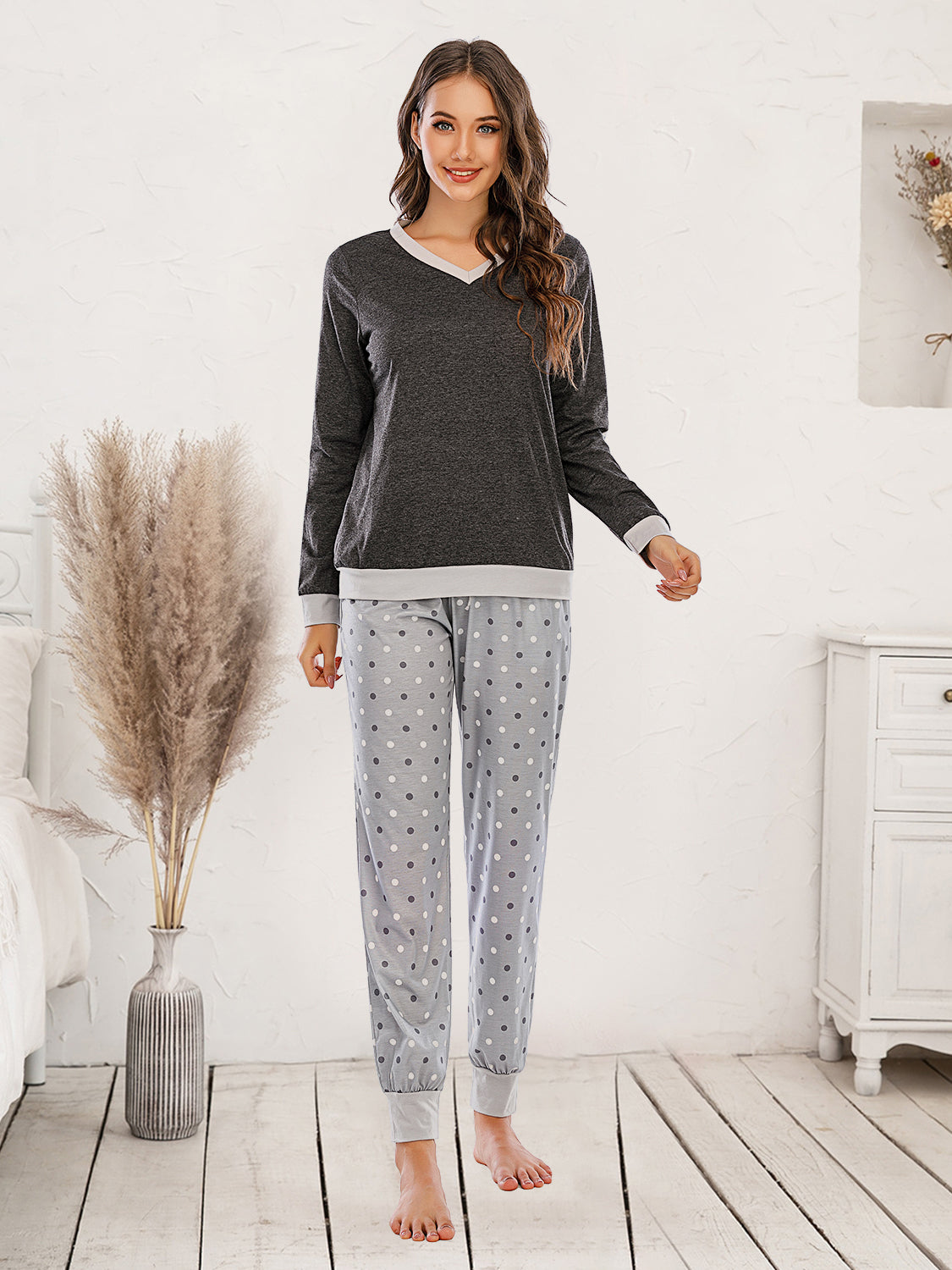 Long Sleeve Top and Polka Dot Pants Set - Aurelia Clothing