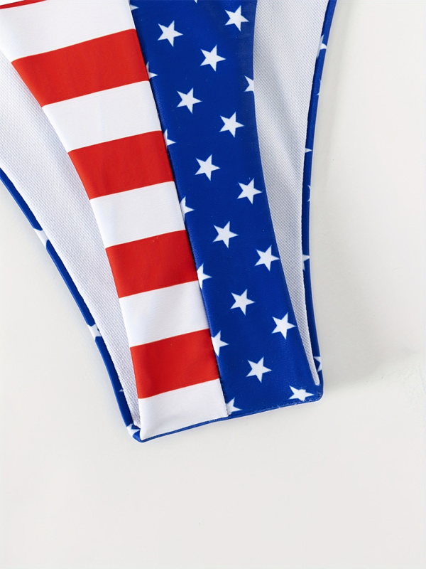 New Swimsuit Sleeveless Halter Loose Independence Day Flag Printed Yarn Three-piece Set - Free Shipping - Aurelia Clothing