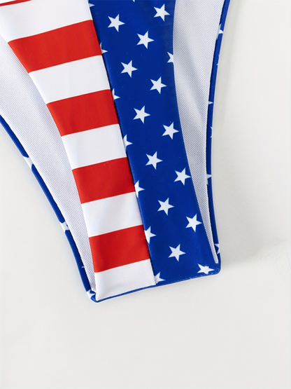New Swimsuit Sleeveless Halter Loose Independence Day Flag Printed Yarn Three-piece Set - Free Shipping - Aurelia Clothing