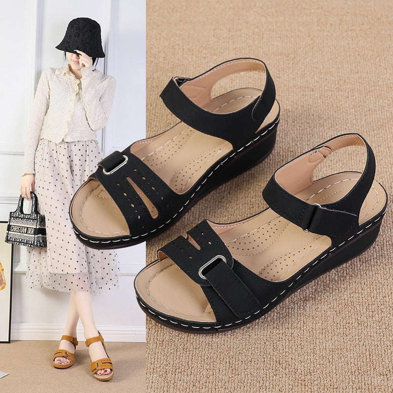 New Type Sandals Womens Flat Bottom Velcro Fish Mouth Thick Bottom Large One Word Strap Sandals - Free Shipping - Aurelia Clothing