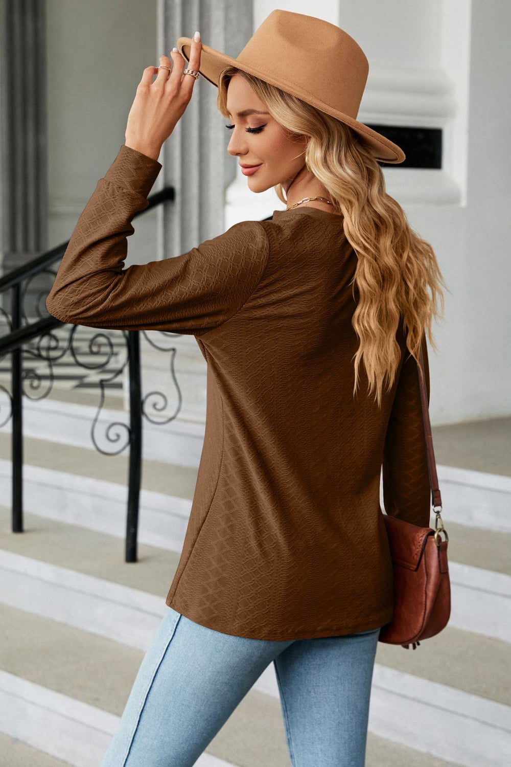 Notched Neck Long Sleeve Buttoned Blouse - Aurelia Clothing