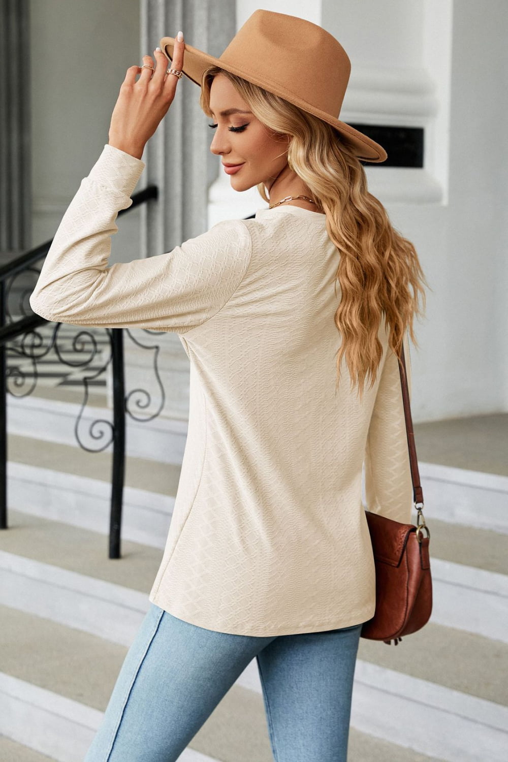 Notched Neck Long Sleeve Buttoned Blouse - Aurelia Clothing