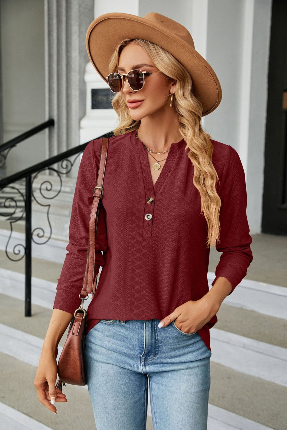 Notched Neck Long Sleeve Buttoned Blouse - Aurelia Clothing
