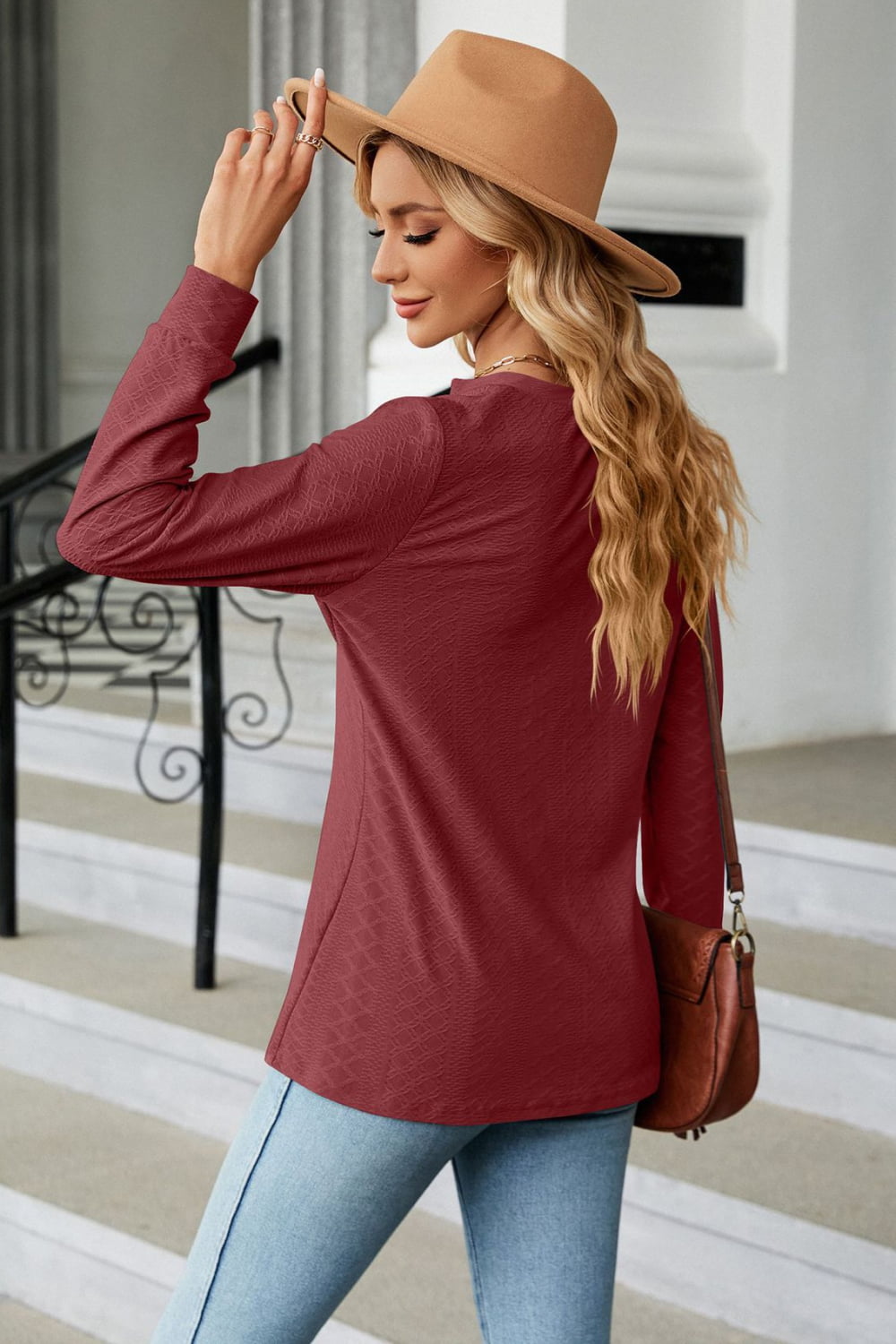 Notched Neck Long Sleeve Buttoned Blouse - Aurelia Clothing