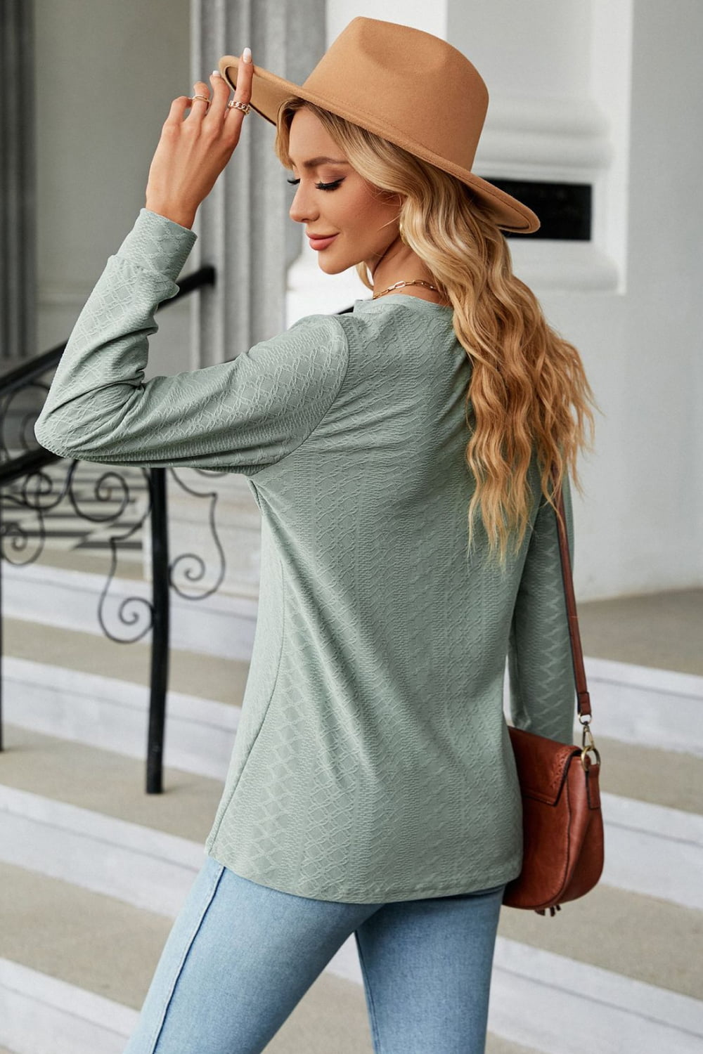 Notched Neck Long Sleeve Buttoned Blouse - Aurelia Clothing