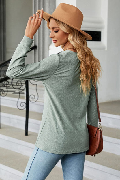 Notched Neck Long Sleeve Buttoned Blouse - Aurelia Clothing