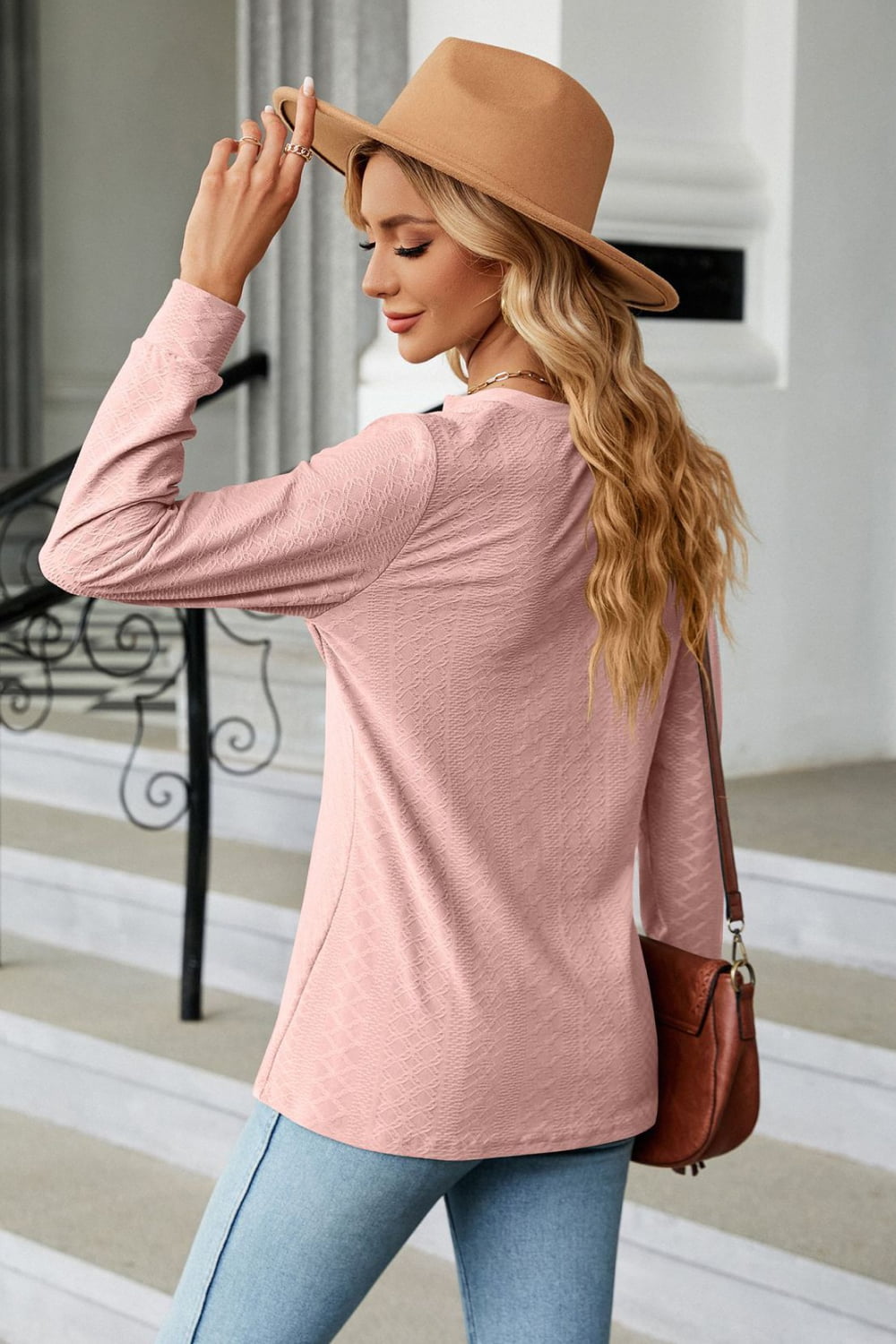 Notched Neck Long Sleeve Buttoned Blouse - Aurelia Clothing