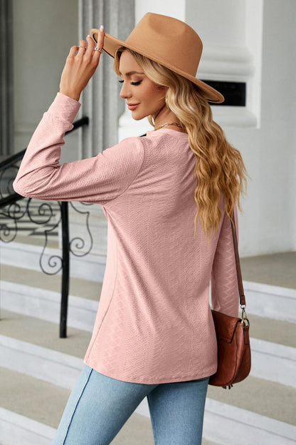 Notched Neck Long Sleeve Buttoned Blouse - Aurelia Clothing