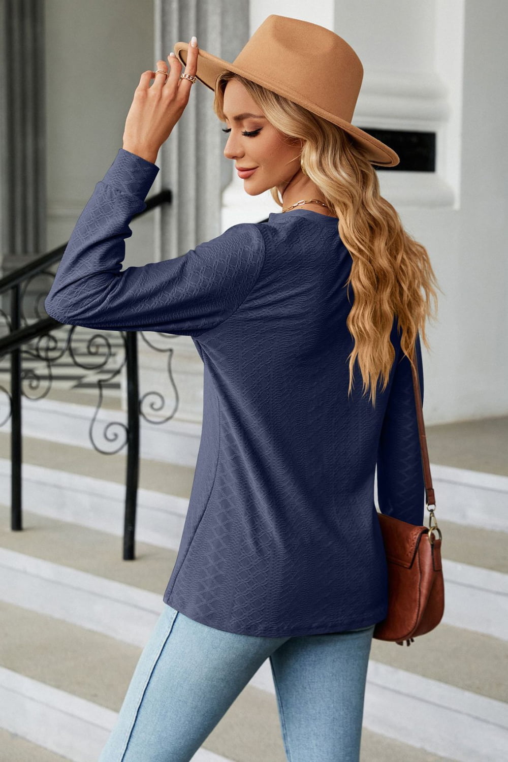 Notched Neck Long Sleeve Buttoned Blouse - Aurelia Clothing
