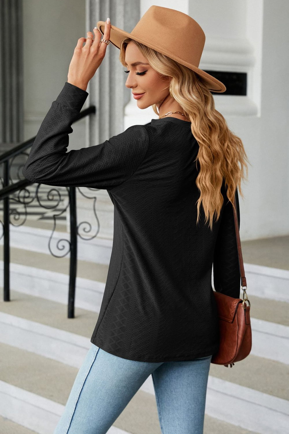 Notched Neck Long Sleeve Buttoned Blouse - Aurelia Clothing