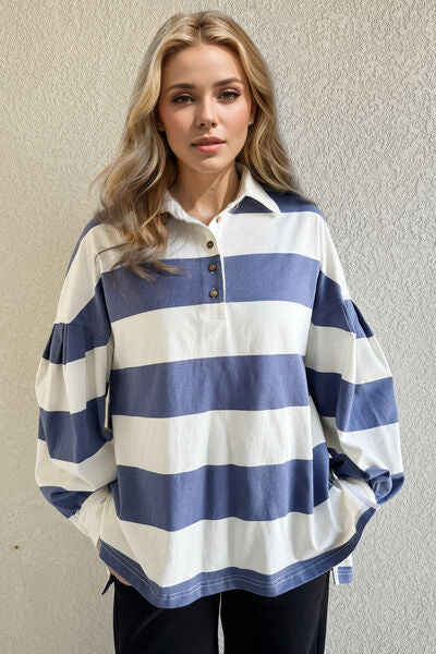 Oh Pima Cotton Wash Wide Striped Collared Neck Long Sleeve Top - Aurelia Clothing