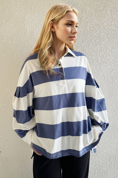 Oh Pima Cotton Wash Wide Striped Collared Neck Long Sleeve Top - Aurelia Clothing