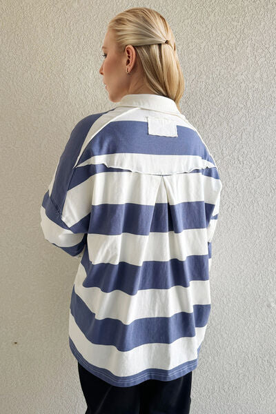 Oh Pima Cotton Wash Wide Striped Collared Neck Long Sleeve Top - Aurelia Clothing
