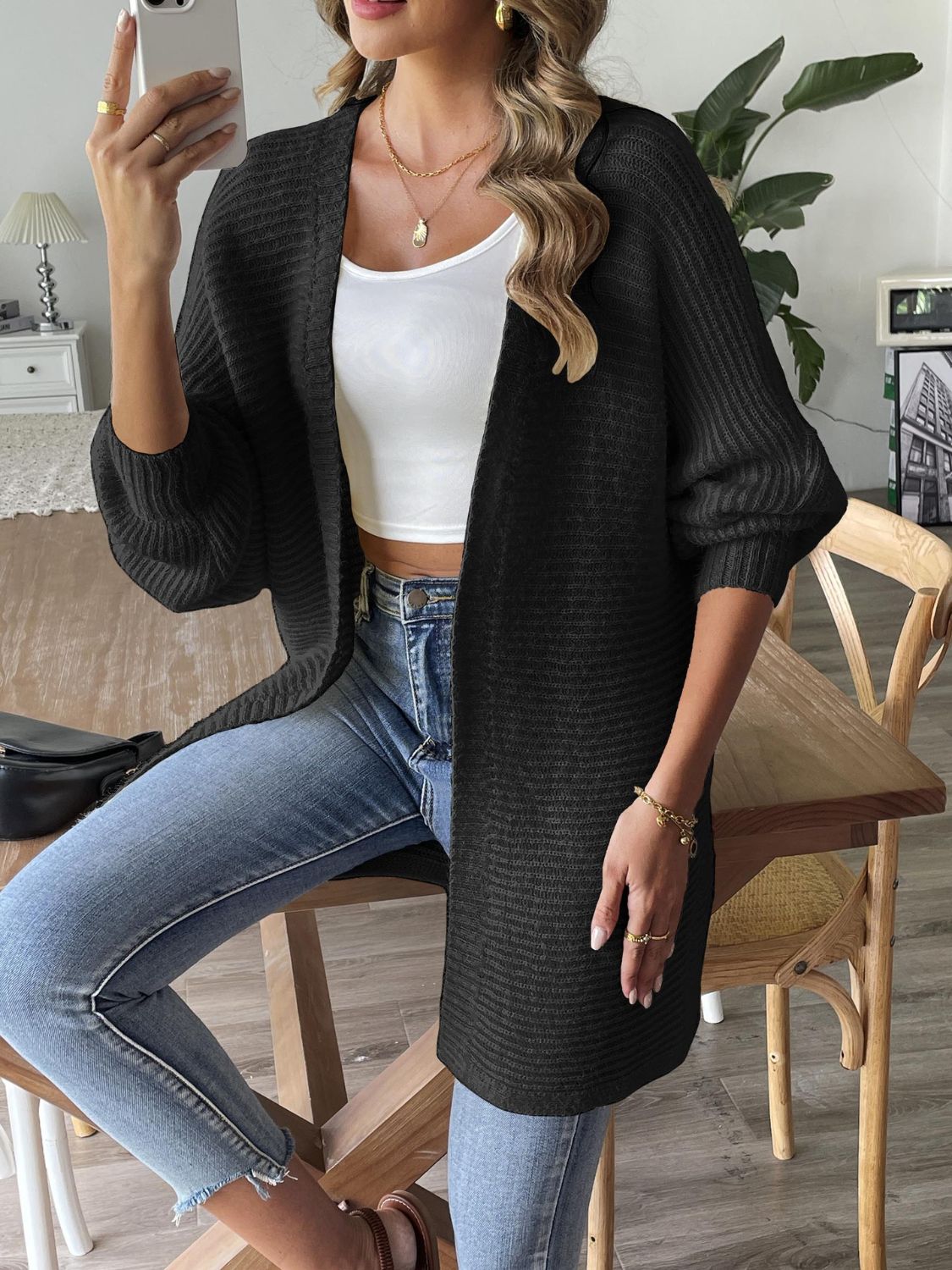 Open Front Long Sleeve Cardigan - Aurelia Clothing