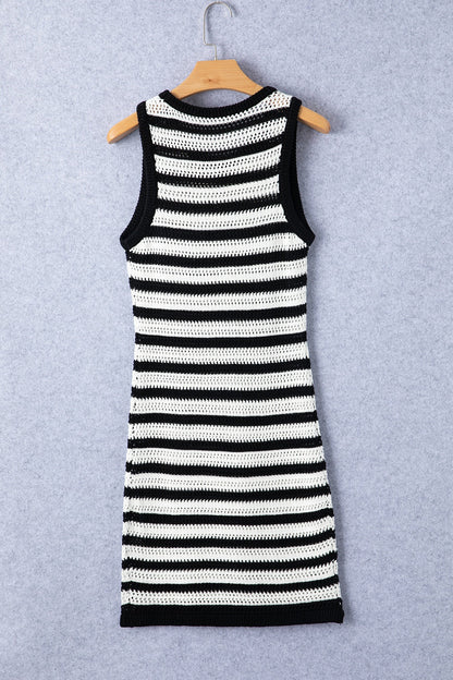 Openwork Striped Wide Strap Knit Dress - Aurelia Clothing