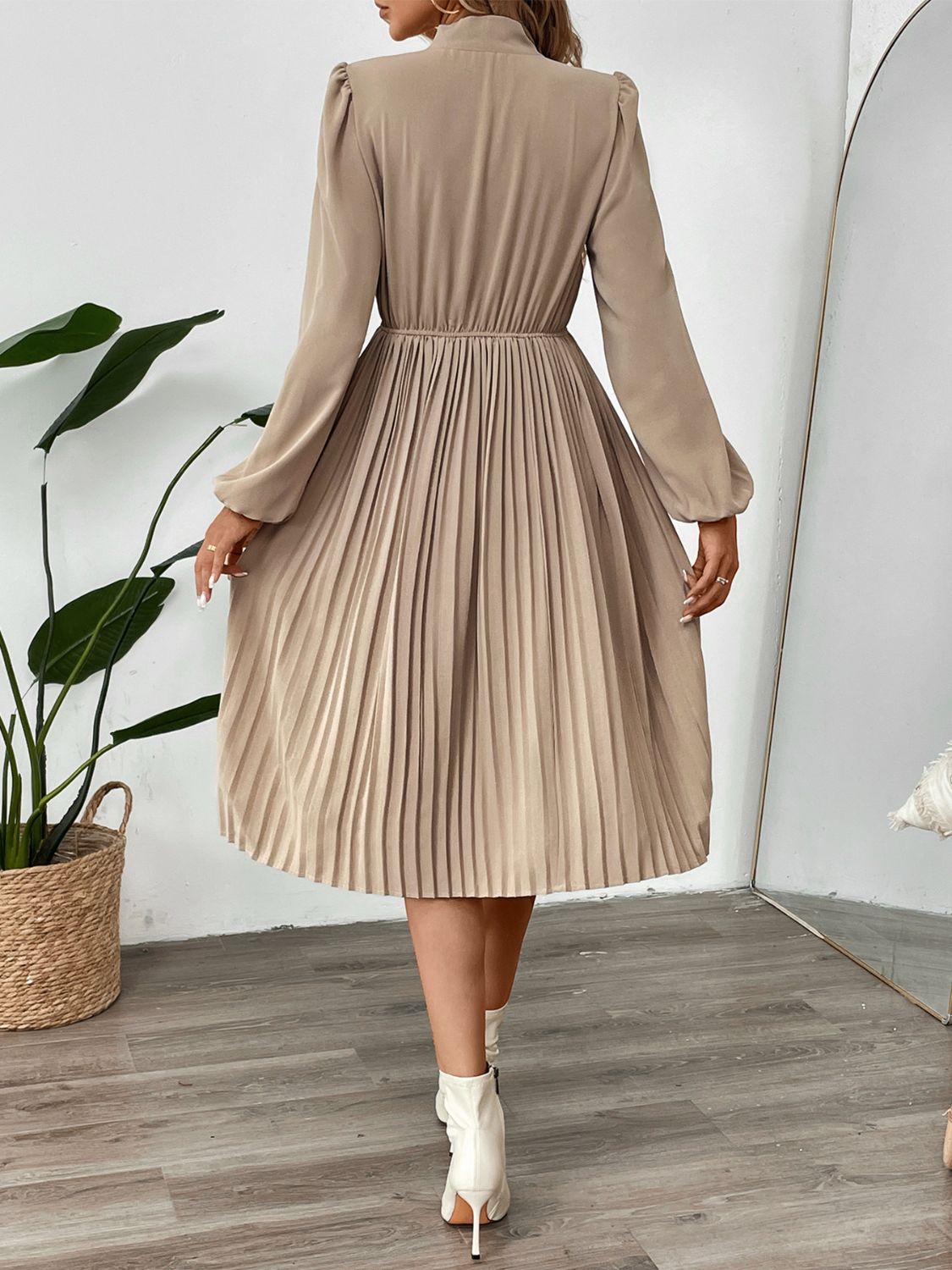 Perfee Pleated Tie Neck Long Sleeve Dress - Free Shipping - Aurelia Clothing