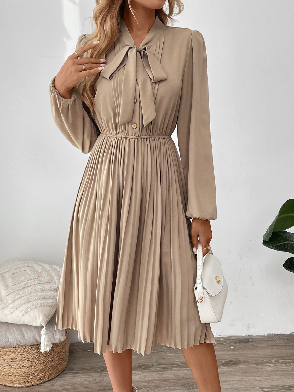 Perfee Pleated Tie Neck Long Sleeve Dress - Free Shipping - Aurelia Clothing