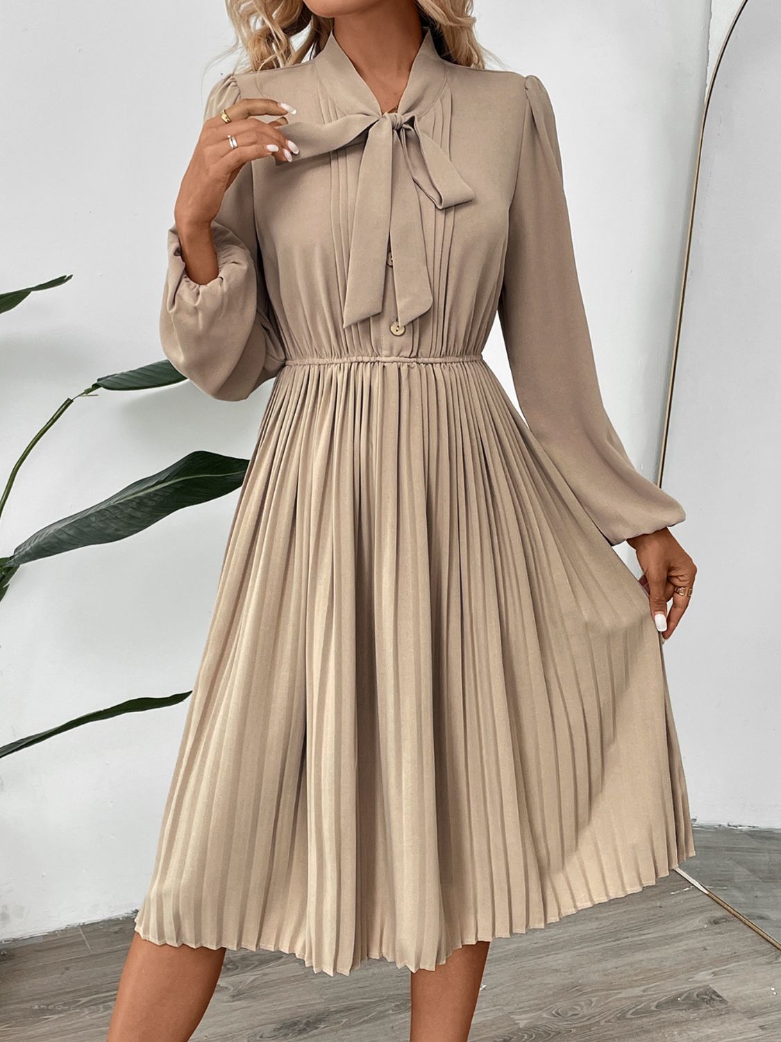 Perfee Pleated Tie Neck Long Sleeve Dress - Free Shipping - Aurelia Clothing